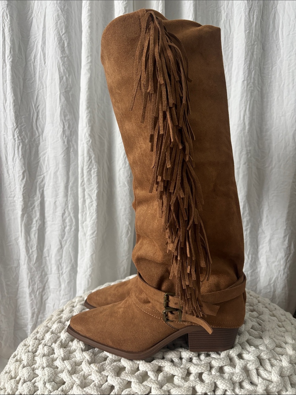 Fringed Tall Suede-Look Heeled Boots in Brown